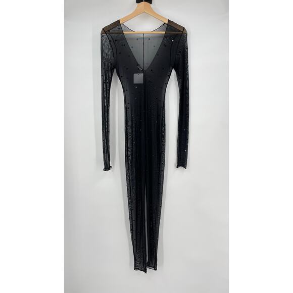 Oseree | NWT Crystal Jumpsuit in Black Gem Mesh Sheer Catsuit Bling S - Picture 3 of 10